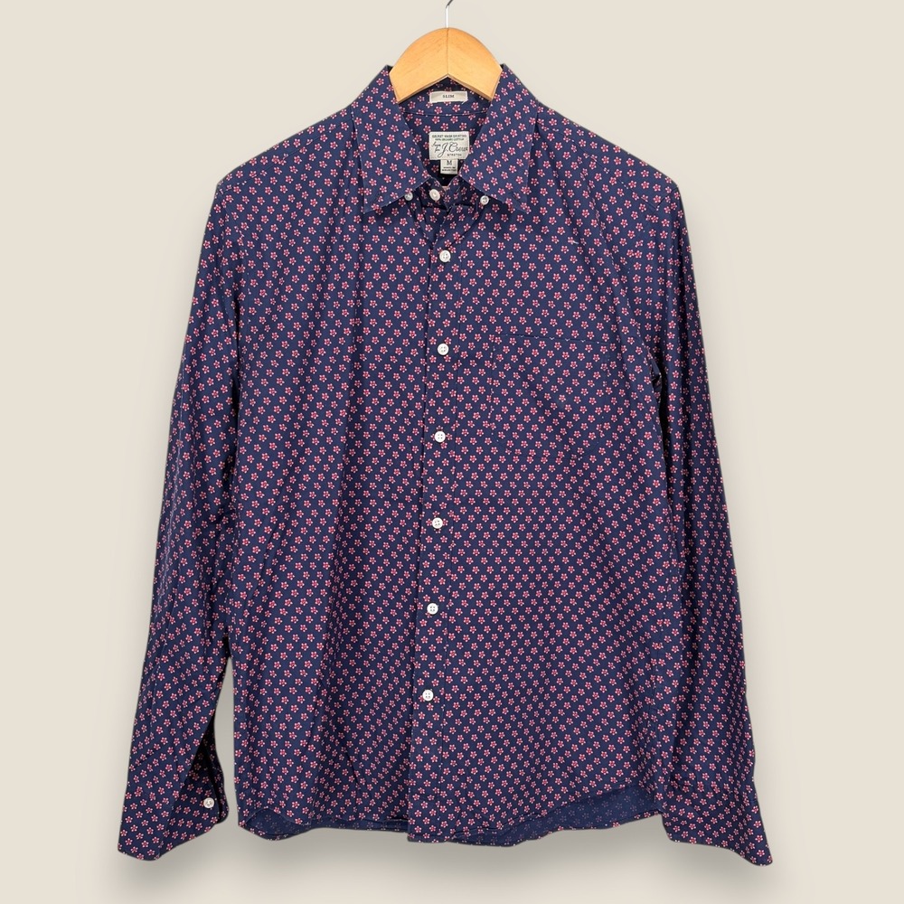 J.Crew Secret Wash Shirting Button Shirt Men Medium Slim Navy Pink Floral AOP